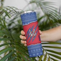 Serbia Skinny Tumbler with Balkan Gray Wolf, Claw Marks, and Flag Sleeve Design