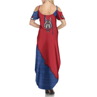 Serbia Summer Maxi Dress with Balkan Gray Wolf, Claw Marks, and Flag Sleeve Design