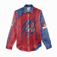 Serbia Women Casual Shirt with Balkan Gray Wolf, Claw Marks, and Flag Sleeve Design