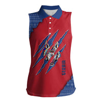 Serbia Women Sleeveless Polo Shirt with Balkan Gray Wolf, Claw Marks, and Flag Sleeve Design
