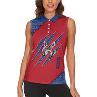 Serbia Women Sleeveless Polo Shirt with Balkan Gray Wolf, Claw Marks, and Flag Sleeve Design