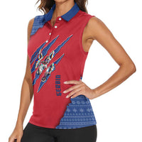 Serbia Women Sleeveless Polo Shirt with Balkan Gray Wolf, Claw Marks, and Flag Sleeve Design