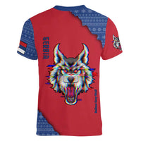 Serbia Women V-Neck T-Shirt with Balkan Gray Wolf, Claw Marks, and Flag Sleeve Design