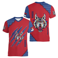 Serbia Women V-Neck T-Shirt with Balkan Gray Wolf, Claw Marks, and Flag Sleeve Design
