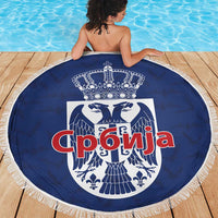 Serbia Flag Beach Blanket with Double-Headed Eagle and National Coat of Arms Design