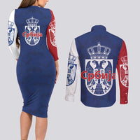 Serbia Flag Couples Matching Long Sleeve Bodycon Dress and Long Sleeve Button Shirt with Double-Headed Eagle and National Coat of Arms Design