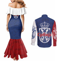 Serbia Flag Couples Matching Mermaid Dress and Long Sleeve Button Shirt with Double-Headed Eagle and National Coat of Arms Design