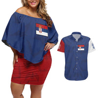 Serbia Flag Couples Matching Off Shoulder Short Dress and Hawaiian Shirt with Double-Headed Eagle and National Coat of Arms Design