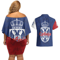 Serbia Flag Couples Matching Off Shoulder Short Dress and Hawaiian Shirt with Double-Headed Eagle and National Coat of Arms Design