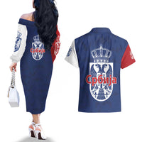Serbia Flag Couples Matching Off The Shoulder Long Sleeve Dress and Hawaiian Shirt with Double-Headed Eagle and National Coat of Arms Design
