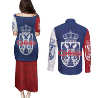 Serbia Flag Couples Matching Puletasi and Long Sleeve Button Shirt with Double-Headed Eagle and National Coat of Arms Design