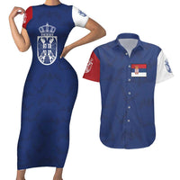 Serbia Flag Couples Matching Short Sleeve Bodycon Dress and Hawaiian Shirt with Double-Headed Eagle and National Coat of Arms Design