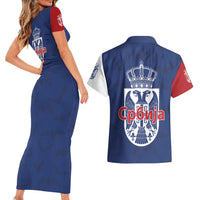 Serbia Flag Couples Matching Short Sleeve Bodycon Dress and Hawaiian Shirt with Double-Headed Eagle and National Coat of Arms Design