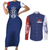 Serbia Flag Couples Matching Short Sleeve Bodycon Dress and Long Sleeve Button Shirt with Double-Headed Eagle and National Coat of Arms Design