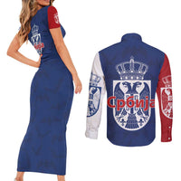 Serbia Flag Couples Matching Short Sleeve Bodycon Dress and Long Sleeve Button Shirt with Double-Headed Eagle and National Coat of Arms Design