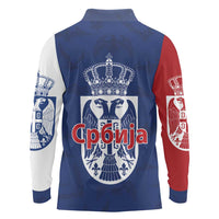 Serbia Flag Long Sleeve Polo Shirt with Double-Headed Eagle and National Coat of Arms Design