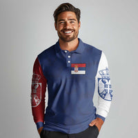 Serbia Flag Long Sleeve Polo Shirt with Double-Headed Eagle and National Coat of Arms Design