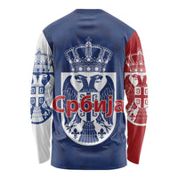 Serbia Flag Long Sleeve Shirt with Double-Headed Eagle and National Coat of Arms Design