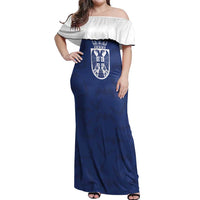 Serbia Flag Off Shoulder Maxi Dress with Double-Headed Eagle and National Coat of Arms Design