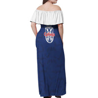 Serbia Flag Off Shoulder Maxi Dress with Double-Headed Eagle and National Coat of Arms Design