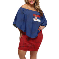Serbia Flag Off Shoulder Short Dress with Double-Headed Eagle and National Coat of Arms Design