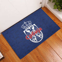 Serbia Flag Rubber Doormat with Double-Headed Eagle and National Coat of Arms Design