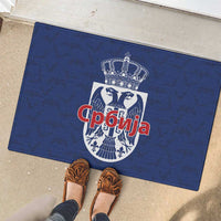Serbia Flag Rubber Doormat with Double-Headed Eagle and National Coat of Arms Design