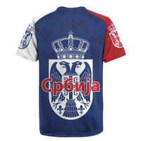 Serbia Flag Rugby Jersey with Double-Headed Eagle and National Coat of Arms Design