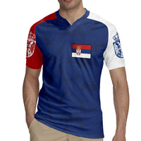 Serbia Flag Rugby Jersey with Double-Headed Eagle and National Coat of Arms Design