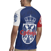 Serbia Flag Rugby Jersey with Double-Headed Eagle and National Coat of Arms Design