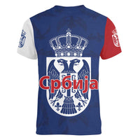Serbia Flag Women V-Neck T-Shirt with Double-Headed Eagle and National Coat of Arms Design