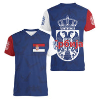 Serbia Flag Women V-Neck T-Shirt with Double-Headed Eagle and National Coat of Arms Design