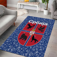 Serbia Area Rug with Royal Animal Crest and Tulip Floral Blue Background