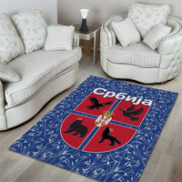 Serbia Area Rug with Royal Animal Crest and Tulip Floral Blue Background