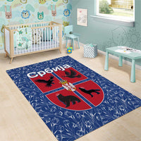 Serbia Area Rug with Royal Animal Crest and Tulip Floral Blue Background