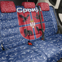 Serbia Back Car Seat Cover with Royal Animal Crest and Tulip Floral Blue Background