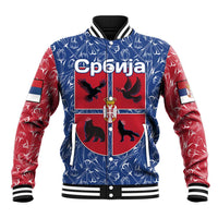 Serbia Baseball Jacket with Royal Animal Crest and Tulip Floral Blue Background