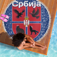 Serbia Beach Blanket with Royal Animal Crest and Tulip Floral Blue Background