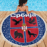 Serbia Beach Blanket with Royal Animal Crest and Tulip Floral Blue Background