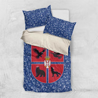 Serbia Bedding Set with Royal Animal Crest and Tulip Floral Blue Background