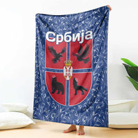 Serbia Blanket with Royal Animal Crest and Tulip Floral Blue Background