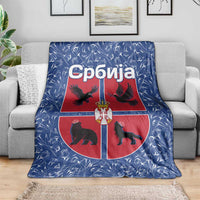 Serbia Blanket with Royal Animal Crest and Tulip Floral Blue Background