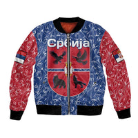 Serbia Bomber Jacket with Royal Animal Crest and Tulip Floral Blue Background