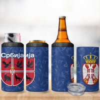 Serbia 4 in 1 Can Cooler Tumbler with Royal Animal Crest and Tulip Floral Blue Background