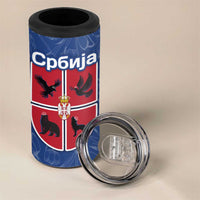 Serbia 4 in 1 Can Cooler Tumbler with Royal Animal Crest and Tulip Floral Blue Background