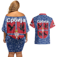 Serbia Couples Matching Off Shoulder Short Dress and Hawaiian Shirt with Royal Animal Crest and Tulip Floral Blue Background