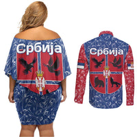 Serbia Couples Matching Off Shoulder Short Dress and Long Sleeve Button Shirt with Royal Animal Crest and Tulip Floral Blue Background