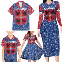 Serbia Family Matching Long Sleeve Bodycon Dress and Hawaiian Shirt with Royal Animal Crest and Tulip Floral Blue Background