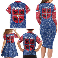 Serbia Family Matching Long Sleeve Bodycon Dress and Hawaiian Shirt with Royal Animal Crest and Tulip Floral Blue Background