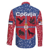 Serbia Family Matching Long Sleeve Bodycon Dress and Hawaiian Shirt with Royal Animal Crest and Tulip Floral Blue Background